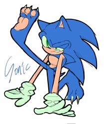 Size: 1747x2048 | Tagged: safe, artist:tamjeong_sonic, sonic the hedgehog, barefoot, character name, claws, full body, pawpads, simple background, solo, white background