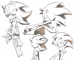 Size: 2048x1675 | Tagged: safe, artist:tamjeong_sonic, shadow the hedgehog, sonic the hedgehog, barefoot, claws, duo, gloves off, greyscale, lidded eyes, monochrome, multiple views, simple background, sitting, standing, white background
