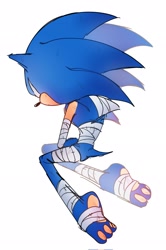 Size: 1362x2048 | Tagged: safe, artist:tamjeong_sonic, sonic the hedgehog, bandage, barefoot, from behind, full body, injured, pawpads, simple background, solo, white background