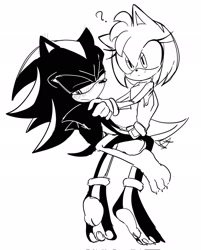 Size: 1650x2048 | Tagged: safe, artist:tamjeong_sonic, amy rose, shadow the hedgehog, amy x shadow, barefoot, blushing, claws, duo, greyscale, monochrome, pawpads, shipping, simple background, straight, white background