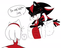 Size: 2128x1676 | Tagged: safe, artist:tamjeong_sonic, amy rose, shadow the hedgehog, crossdressing, dress, duo, english text, limited palette, lipstick, looking at each other, simple background, speech bubble, white background