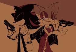 Size: 2150x1465 | Tagged: safe, artist:tamjeong_sonic, rouge the bat, shadow the hedgehog, alternate outfit, dress, duo, eyes closed, gun, holding something, jacket, one eye closed, pants, shirt, tie