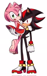 Size: 1269x2048 | Tagged: safe, artist:tamjeong_sonic, amy rose, shadow the hedgehog, barefoot, carrying them, duo, pawpads, shadamy, shipping, simple background, standing, straight, white background