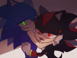 Size: 2048x1536 | Tagged: safe, artist:tamjeong_sonic, shadow the hedgehog, sonic the hedgehog, duo, gay, grin, lidded eyes, looking at viewer, shadow x sonic, shipping, smile