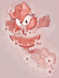 Size: 1623x2132 | Tagged: safe, artist:tamjeong_sonic, amy rose, alternate outfit, claws, crying, flower, full body, gloves off, pink background, shirt, simple background, skirt, socks, solo, tears, tie