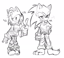 Size: 2048x1851 | Tagged: safe, artist:tamjeong_sonic, amy rose, sonic the hedgehog, alternate outfit, barefoot, duo, full body, greyscale, heart, hoodie, lidded eyes, monochrome, pants, simple background, sketch, standing, v sign, white background