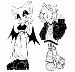 Size: 2048x1965 | Tagged: safe, artist:tamjeong_sonic, amy rose, rouge the bat, alternate outfit, bra, duo, full body, greyscale, jacket, monochrome, pants, simple background, sketch, standing, white background