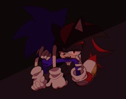 Size: 2048x1616 | Tagged: safe, artist:tamjeong_sonic, shadow the hedgehog, sonic the hedgehog, bite mark, duo, gay, hand on another's back, injured, lidded eyes, looking at viewer, shadow x sonic, shipping