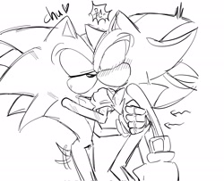 Size: 2048x1663 | Tagged: safe, artist:tamjeong_sonic, shadow the hedgehog, sonic the hedgehog, blushing, duo, eyes closed, gay, greyscale, kiss, monochrome, shadow x sonic, shipping, simple background, standing, surprised, wagging tail, white background