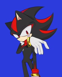 Size: 1663x2048 | Tagged: safe, artist:tamjeong_sonic, shadow the hedgehog, blood, blood on face, blue background, injured, simple background, solo, standing