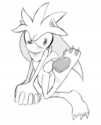 Size: 1643x2048 | Tagged: safe, artist:tamjeong_sonic, silver the hedgehog, barefoot, claws, full body, gloves off, greyscale, hands together, monochrome, pawpads, simple background, solo, white background