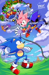 Size: 2698x4096 | Tagged: safe, artist:daereamart, amy rose, metal sonic, sonic the hedgehog, sonic cd, classic amy, classic sonic, little planet, trio