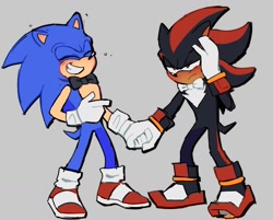 Size: 1576x1266 | Tagged: safe, artist:horusaku, shadow the hedgehog, sonic the hedgehog, blushing, bowtie, duo, frown, gay, grey background, hand on head, holding hands, lidded eyes, pointing, shadow x sonic, shipping, simple background, smile, standing