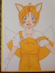 Size: 960x1280 | Tagged: safe, artist:idrawprettyboys, miles "tails" prower, human, anime, blushing, cute, eye clipping through hair, eyebrow clipping through hair, humanized, looking at viewer, mouth open, overalls, partially humanized, shirt, smile, solo, standing, traditional media