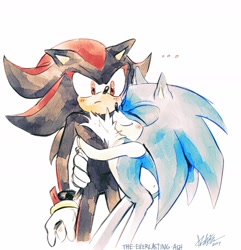 Size: 1500x1555 | Tagged: safe, artist:everlasting_ash, shadow the hedgehog, sonic the hedgehog, ..., 2024, blushing, chest fluff, cute, duo, eyes closed, frown, gay, hugging, shadow x sonic, shadowbetes, shipping, signature, simple background, smile, sonabetes, standing, white background