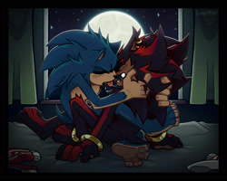 Size: 1920x1535 | Tagged: suggestive, shadow the hedgehog, sonic the hedgehog, abstract background, duo, eyes closed, gay, indoors, kiss, making out, nighttime, saliva trail, shadow x sonic, shipping, sitting, tongue out