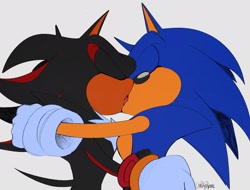 Size: 2048x1555 | Tagged: safe, artist:candyypirate, shadow the hedgehog, sonic the hedgehog, 2024, duo, eyes closed, flat colors, gay, grey background, holding each other, kiss, making out, shadow x sonic, shipping, signature, simple background, standing