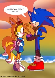 Size: 1460x2048 | Tagged: safe, artist:shadely_boom, miles "tails" prower, sonic the hedgehog, 2024, abstract background, alternate outfit, alternate universe, birthday, clouds, dialogue, duo, english text, gay, holding something, looking at each other, outdoors, present, shipping, signature, smile, sonic boom (tv), sonic x tails, speech bubble, standing, sunset