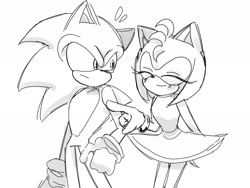 Size: 2048x1536 | Tagged: safe, artist:tamjeong_sonic, amy rose, sonic the hedgehog, amy x sonic, duo, eyes closed, greyscale, looking at them, monochrome, shipping, simple background, straight, valentine's day, white background