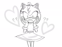 Size: 2048x1536 | Tagged: safe, artist:tamjeong_sonic, amy rose, blushing, greyscale, hands on own face, heart, monochrome, question mark, simple background, solo, white background