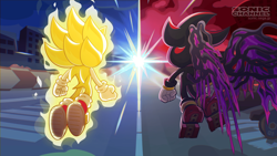 Size: 3000x1693 | Tagged: safe, artist:hayane tomoko, shadow the hedgehog, sonic the hedgehog, super sonic, sonic x shadow generations, duo, official artwork, super form, wings