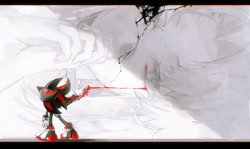 Size: 1024x610 | Tagged: safe, artist:waaii132299, maria robotnik, shadow the hedgehog, human, blood, duo, from behind, hand on wall, hands together, sideways, standing