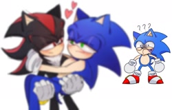 Size: 2048x1309 | Tagged: safe, artist:tamjeong_sonic, shadow the hedgehog, sonic the hedgehog, sonic x shadow generations, blurry, carrying them, classic sonic, frown, gay, looking at each other, question mark, shadow x sonic, shipping, simple background, standing, trio, white background