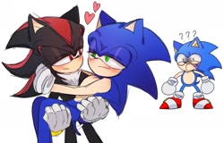 Size: 2048x1309 | Tagged: safe, artist:tamjeong_sonic, shadow the hedgehog, sonic the hedgehog, sonic x shadow generations, carrying them, classic sonic, frown, gay, heart, lidded eyes, looking at each other, question mark, shadow x sonic, shipping, simple background, standing, trio, white background