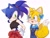 Size: 2048x1576 | Tagged: safe, artist:tamjeong_sonic, miles "tails" prower, sonic the hedgehog, bow, duo, female, gender swap, grin, hair bow, overalls, ponytail, shirt, simple background, smile, white background, wink