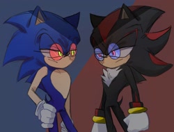 Size: 2076x1575 | Tagged: safe, artist:tamjeong_sonic, shadow the hedgehog, sonic the hedgehog, duo, gay, glasses, hand on hip, lidded eyes, looking at each other, shadow x sonic, shipping, standing