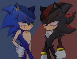 Size: 2076x1575 | Tagged: safe, artist:tamjeong_sonic, shadow the hedgehog, sonic the hedgehog, duo, gay, hand on hip, lidded eyes, looking at each other, shadow x sonic, shipping, standing