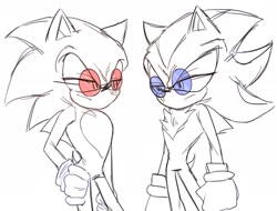 Size: 2076x1575 | Tagged: safe, artist:tamjeong_sonic, shadow the hedgehog, sonic the hedgehog, duo, gay, glasses, hand on hip, looking at each other, monochrome, shadow x sonic, shipping, simple background, standing, white background