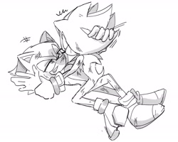 Size: 2048x1638 | Tagged: safe, artist:tamjeong_sonic, shadow the hedgehog, sonic the hedgehog, duo, greyscale, grin, hand on another's head, injured, looking at each other, lying down, monochrome, scratch (injury), shadow x sonic, shipping, simple background, smile, white background