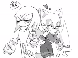 Size: 2048x1536 | Tagged: safe, artist:tamjeong_sonic, knuckles the echidna, rouge the bat, blushing, duo, eyes closed, greyscale, hand on another's arm, heart, knuxouge, monochrome, shipping, simple background, smile, squiggle, standing, straight, white background