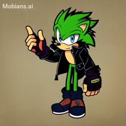 Size: 512x512 | Tagged: safe, ai art, artist:mobians.ai, scourge the hedgehog, hedgehog, blue eyes, fingerless gloves, gloves, green fur, jacket, male, shoes, solo