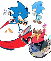 Size: 1328x1578 | Tagged: safe, artist:tuckeryart, robotnik, sonic the hedgehog, chaos emerald, classic robotnik, classic sonic, duo, eggmobile, holding something, ring, running, simple background, white background