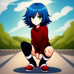 Size: 512x512 | Tagged: safe, ai art, artist:mobians.ai, sonic the hedgehog, human, asymmetrical legwear, blue hair, green eyes, humanized, loose socks, male, shoes, shorts, single thighhigh, solo, sweater