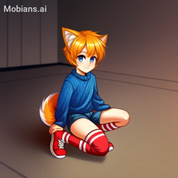 Size: 512x512 | Tagged: safe, ai art, artist:mobians.ai, miles "tails" prower, human, asymmetrical legwear, blue eyes, humanized, male, orange hair, partially humanized, shoes, shorts, single kneehigh, single thighhigh, solo, sweater