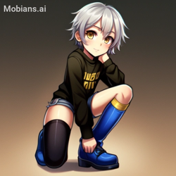 Size: 512x512 | Tagged: safe, ai art, artist:mobians.ai, silver the hedgehog, human, asymmetrical legwear, boots, grey hair, humanized, male, shorts, single thighhigh, solo, sweater, yellow eyes