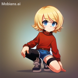 Size: 512x512 | Tagged: safe, ai art, artist:mobians.ai, miles (anti-mobius), human, asymmetrical legwear, blue eyes, humanized, male, shoes, shorts, single leg pantyhose, sweater, yellow hair