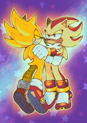 Size: 1448x2048 | Tagged: safe, artist:dexdexadet, shadow the hedgehog, sonic the hedgehog, super shadow, super sonic, 2024, abstract background, duo, eyes closed, flying, gay, holding each other, lidded eyes, looking at them, outline, shadow x sonic, shipping, smile, star (symbol), super form