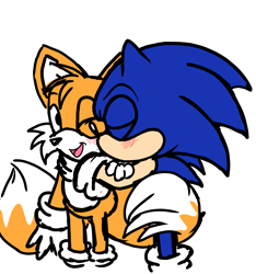 Size: 1913x2048 | Tagged: safe, artist:triplettailedfox, miles "tails" prower, sonic the hedgehog, 2020, blushing, duo, eyes closed, flat colors, gay, kiss on cheek, mobius.social exclusive, mouth open, one eye closed, shipping, simple background, sketch, smile, sonic x tails, standing, white background