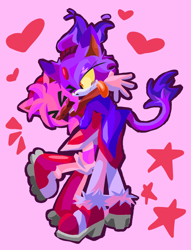 Size: 1580x2069 | Tagged: safe, artist:rosetyphoon, amy rose, blaze the cat, 2024, amy x blaze, amybetes, blazebetes, blushing, cute, duo, eyes closed, heart, hugging, lesbian, pink background, shipping, simple background, standing, star (symbol), wink, yellow sclera