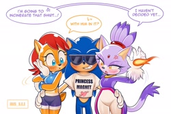 Size: 2048x1365 | Tagged: safe, artist:iris_s_e_e, blaze the cat, sally acorn, sonic the hedgehog, sally x sonic, shipping, shirt, sonaze, straight, trio