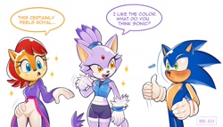 Size: 2048x1170 | Tagged: safe, artist:iris_s_e_e, blaze the cat, sally acorn, sonic the hedgehog, blaze's tailcoat, outfit swap, sally's ringblader outfit, trio