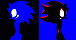 Size: 2048x1093 | Tagged: safe, artist:tamjeong_sonic, shadow the hedgehog, sonic the hedgehog, black background, blue background, duality, duo, grin, limited palette, simple background, smile