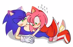 Size: 2048x1310 | Tagged: safe, artist:tamjeong_sonic, amy rose, sonic the hedgehog, amy x sonic, blushing, blushing ears, duo, lying down, question mark, shipping, simple background, straight, white background