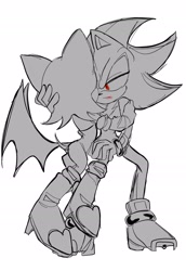 Size: 1427x2079 | Tagged: safe, artist:tamjeong_sonic, rouge the bat, shadow the hedgehog, duo, greyscale, monochrome, shadouge, shipping, simple background, spot color, straight, white background