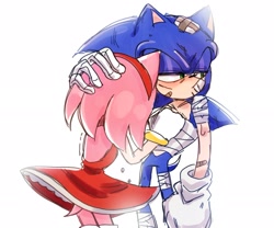 Size: 2048x1705 | Tagged: safe, artist:tamjeong_sonic, amy rose, sonic the hedgehog, amy x sonic, bandage, bandaid, duo, hand on another's head, injured, shipping, simple background, straight, white background