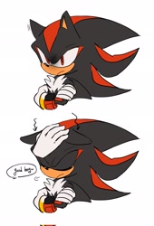 Size: 1395x2048 | Tagged: safe, artist:tamjeong_sonic, shadow the hedgehog, duo, english text, eyes closed, hand on another's head, petting, solo focus